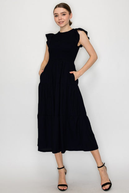 DD 1375 - Smocking Tiered Ruffle Sleeve Dress