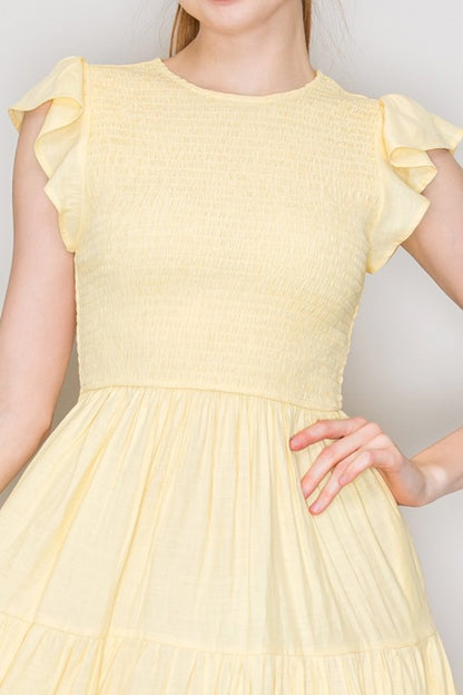 DD 1375 - Smocking Tiered Ruffle Sleeve Dress