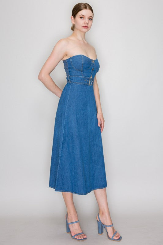 DD 1393 - Belted Denim Midi Dress