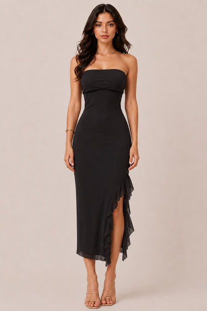 LD 647 - Ruched Side Slit Ruffle Dress
