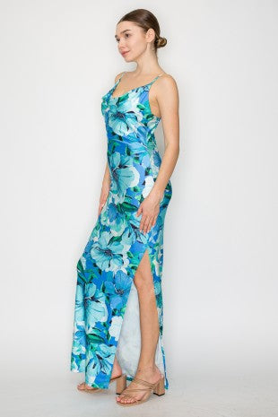 DD 1412 - Cowl Neck Tropical Slit Dress