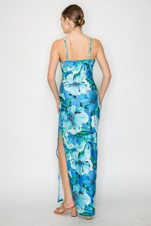 DD 1412 - Cowl Neck Tropical Slit Dress