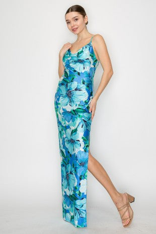 DD 1412 - Cowl Neck Tropical Slit Dress
