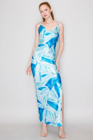 DD 1412 - Cowl Neck Tropical Slit Dress