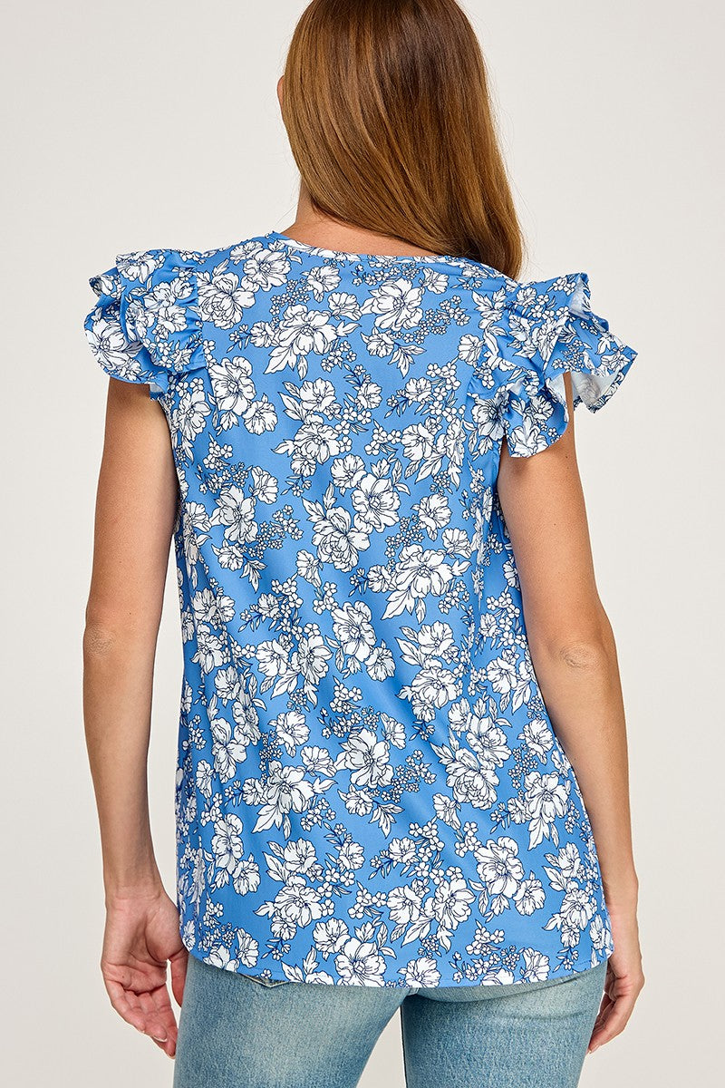 CT 2887 - Ruffled Cap Sleeve V Neck Top