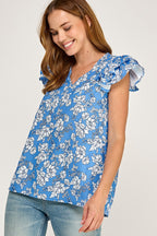 CT 2887 - Ruffled Cap Sleeve V Neck Top