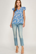 CT 2887 - Ruffled Cap Sleeve V Neck Top