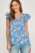 CT 2887 - Ruffled Cap Sleeve V Neck Top