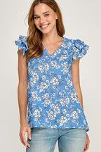 CT 2887 - Ruffled Cap Sleeve V Neck Top
