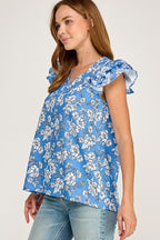 CT 2887 - Ruffled Cap Sleeve V Neck Top