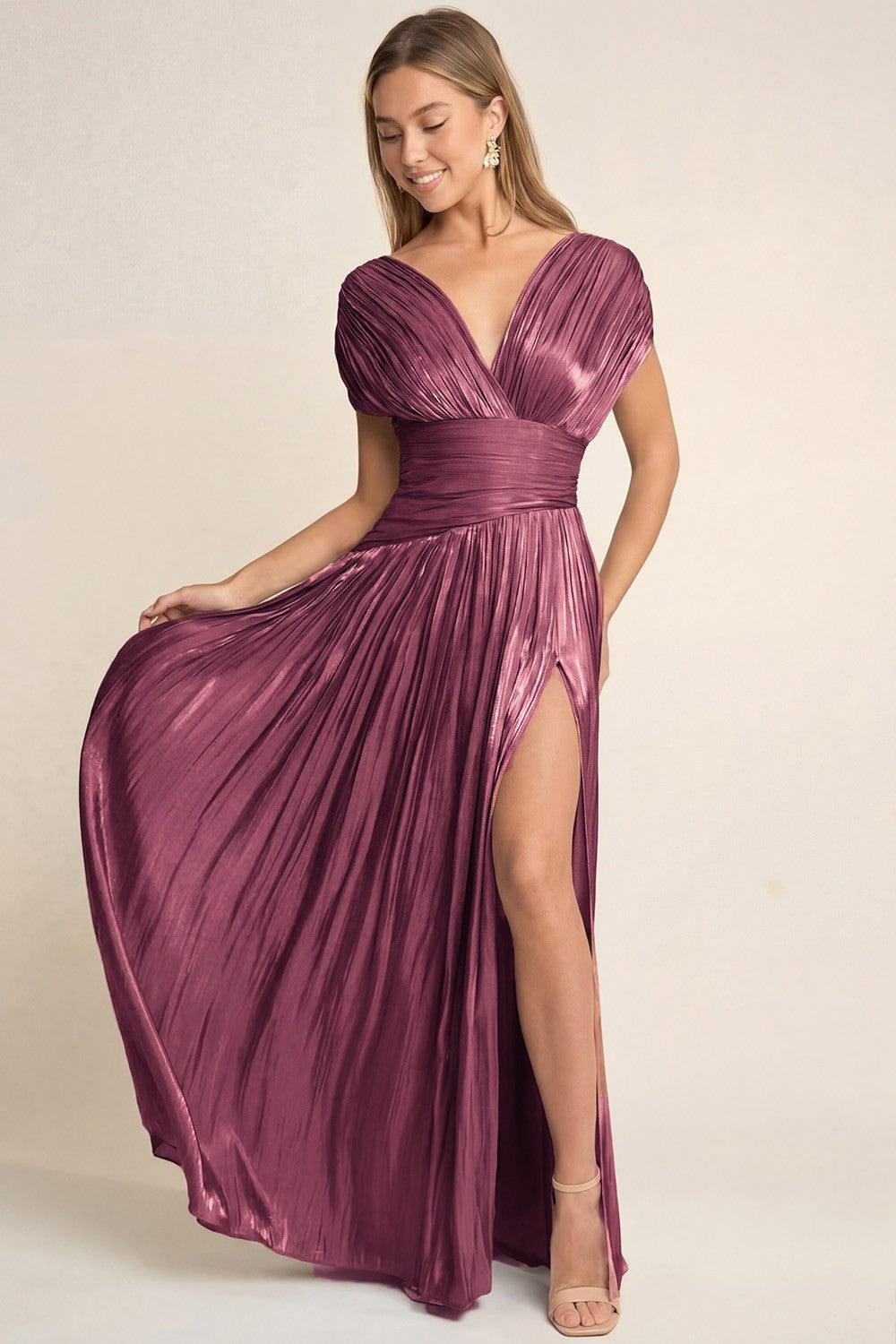 GOWN 429 - Cap Sleeve Pleated Maxi Dress
