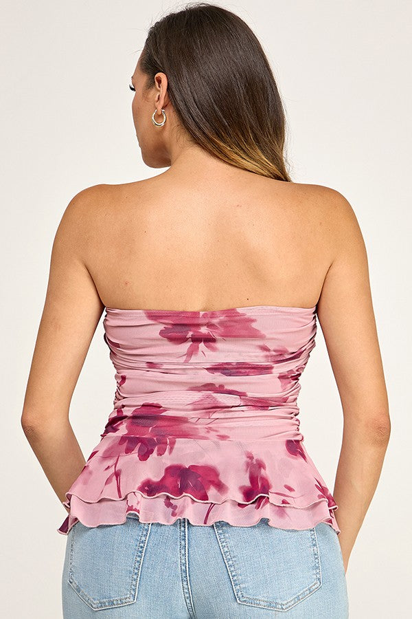 DT 1943 - Ruffle Hem Ruched Mesh Print Top