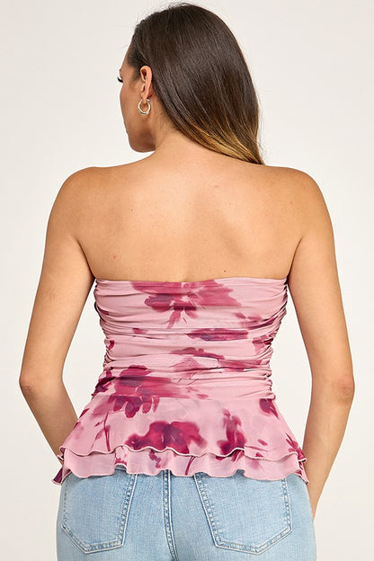 DT 1943 - Ruffle Hem Ruched Mesh Print Top