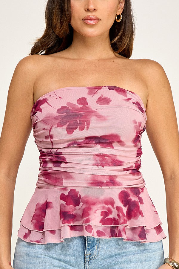 DT 1943 - Ruffle Hem Ruched Mesh Print Top