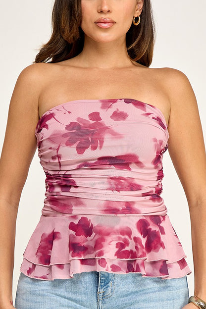 DT 1943 - Ruffle Hem Ruched Mesh Print Top