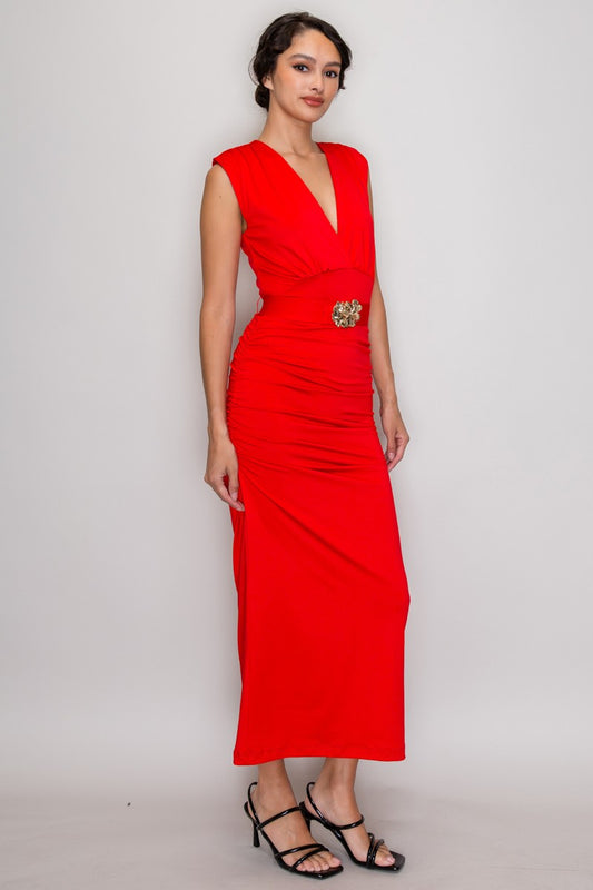 DD 1424 - Plunging Ruched Belted Dress