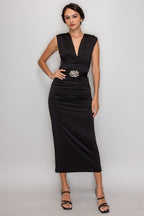 DD 1424 - Plunging Ruched Belted Dress