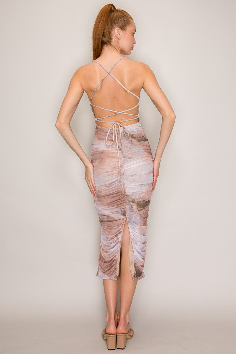 DD 1425 - Tie Dye Mesh Ruched Midi Dress