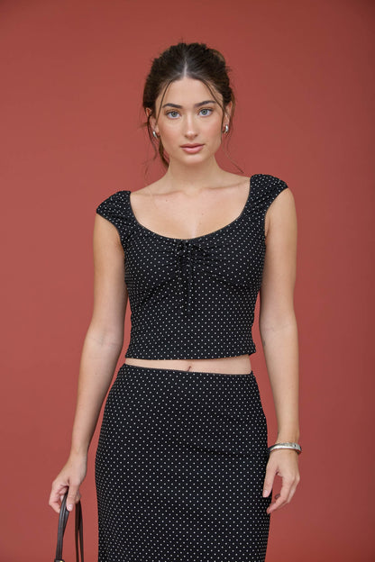 SET 104 - Ruched Polka Dot Scoop Neck Top