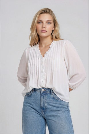 PS 014 - Ruffle Trim Pintuck Detail Blouse