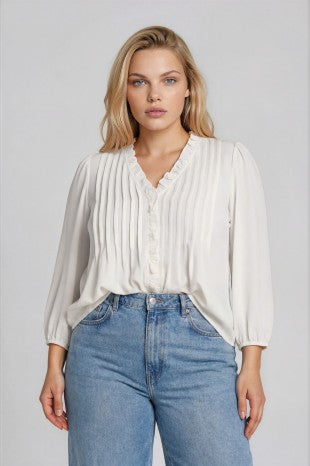 PS 014 - Ruffle Trim Pintuck Detail Blouse