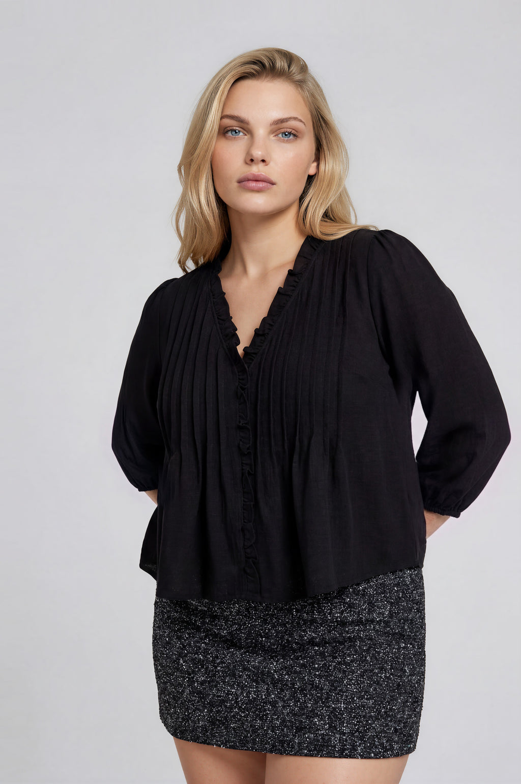 PS 014 - Ruffle Trim Pintuck Detail Blouse