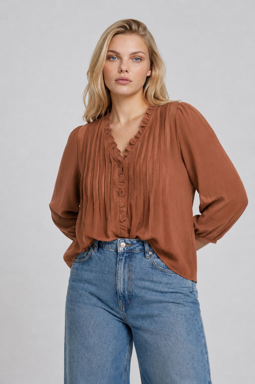 PS 014 - Ruffle Trim Pintuck Detail Blouse