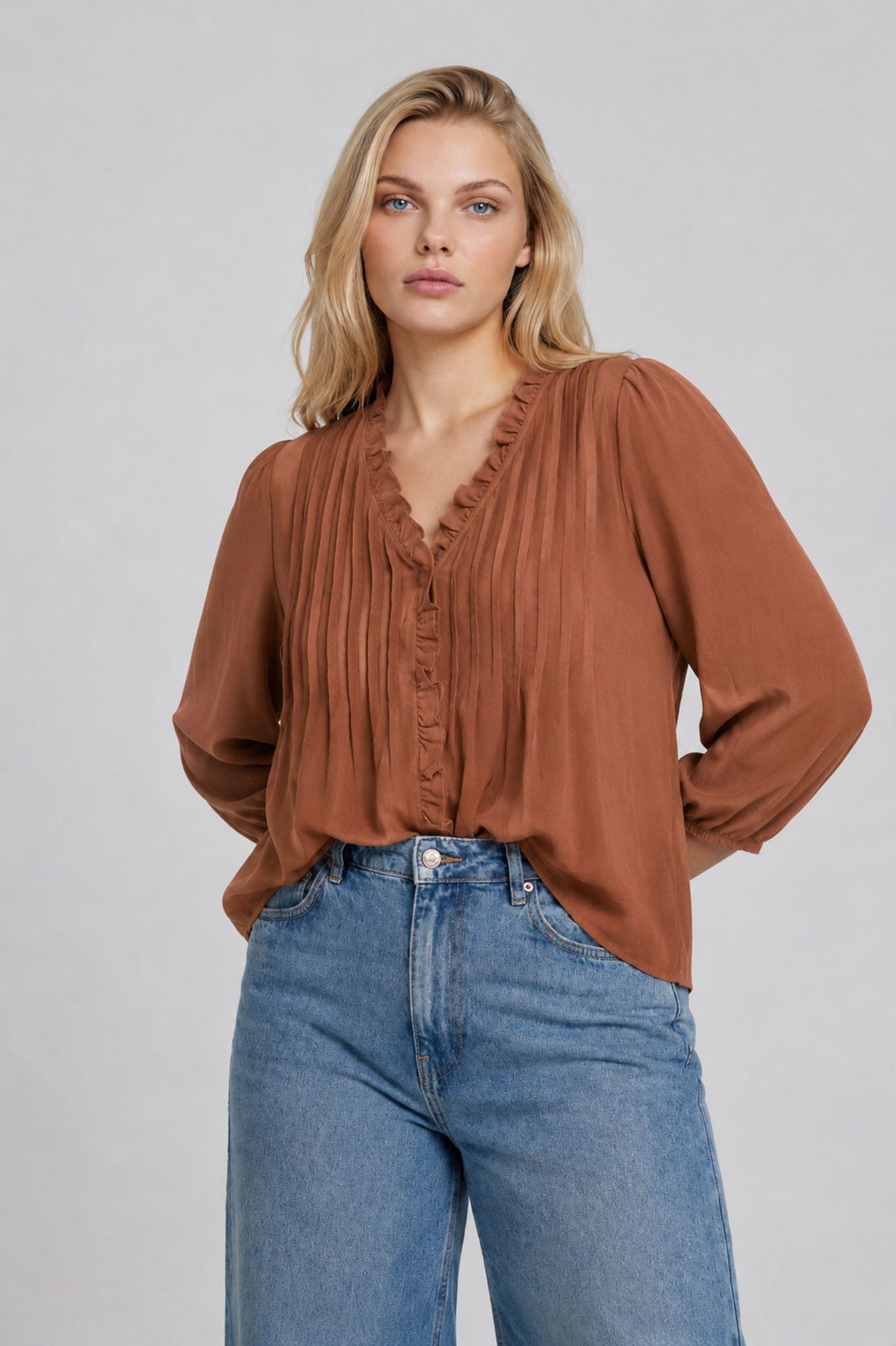 PS 014 - Ruffle Trim Pintuck Detail Blouse