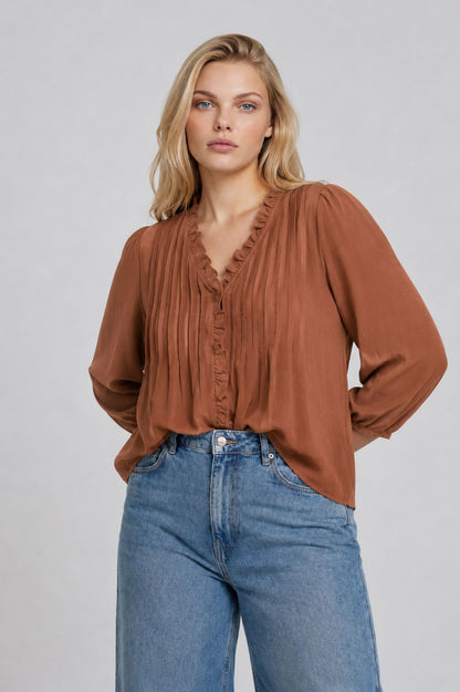 PS 014 - Ruffle Trim Pintuck Detail Blouse