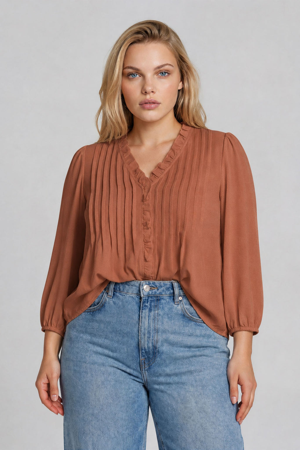 PS 014 - Ruffle Trim Pintuck Detail Blouse