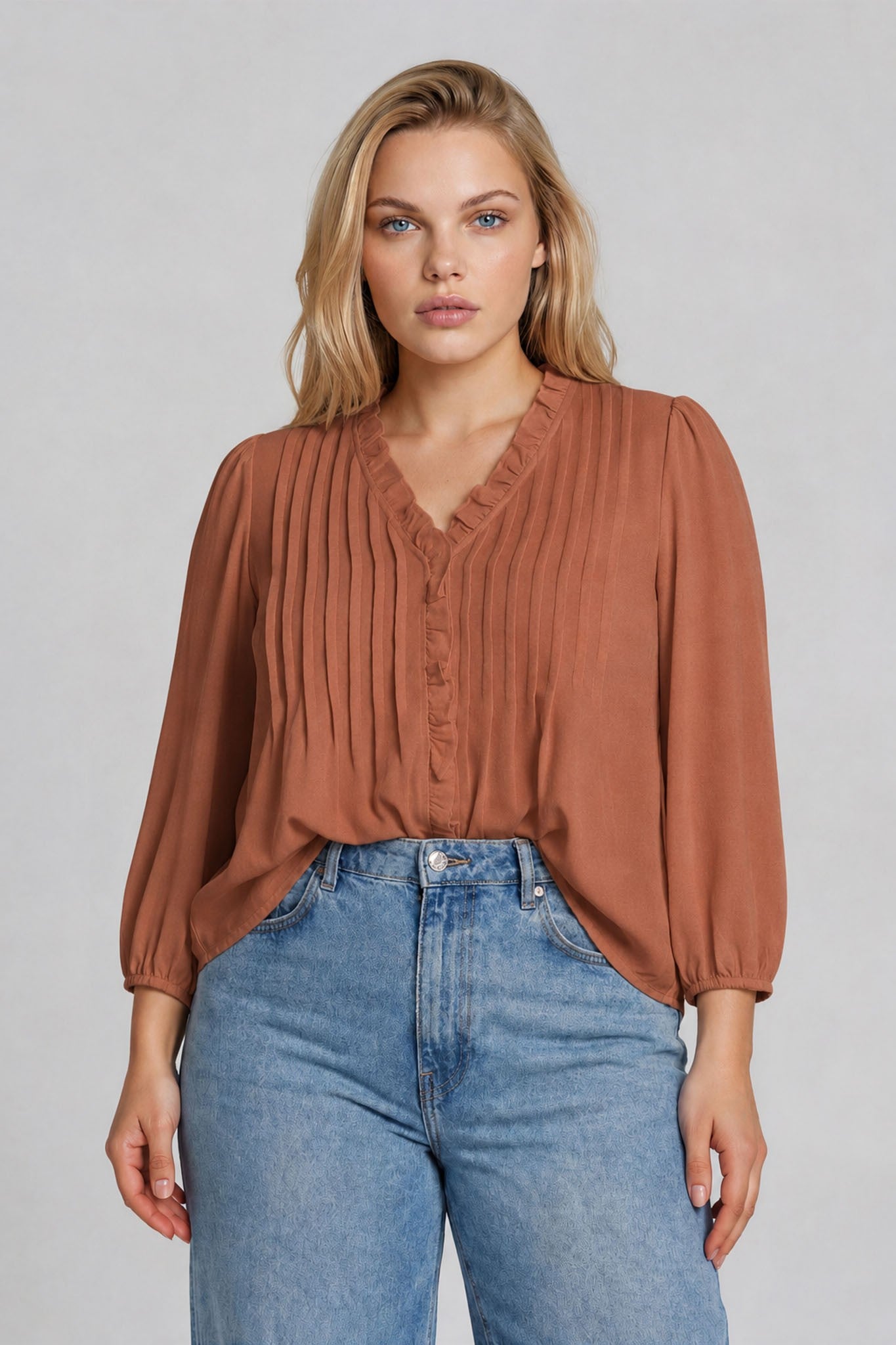 PS 014 - Ruffle Trim Pintuck Detail Blouse