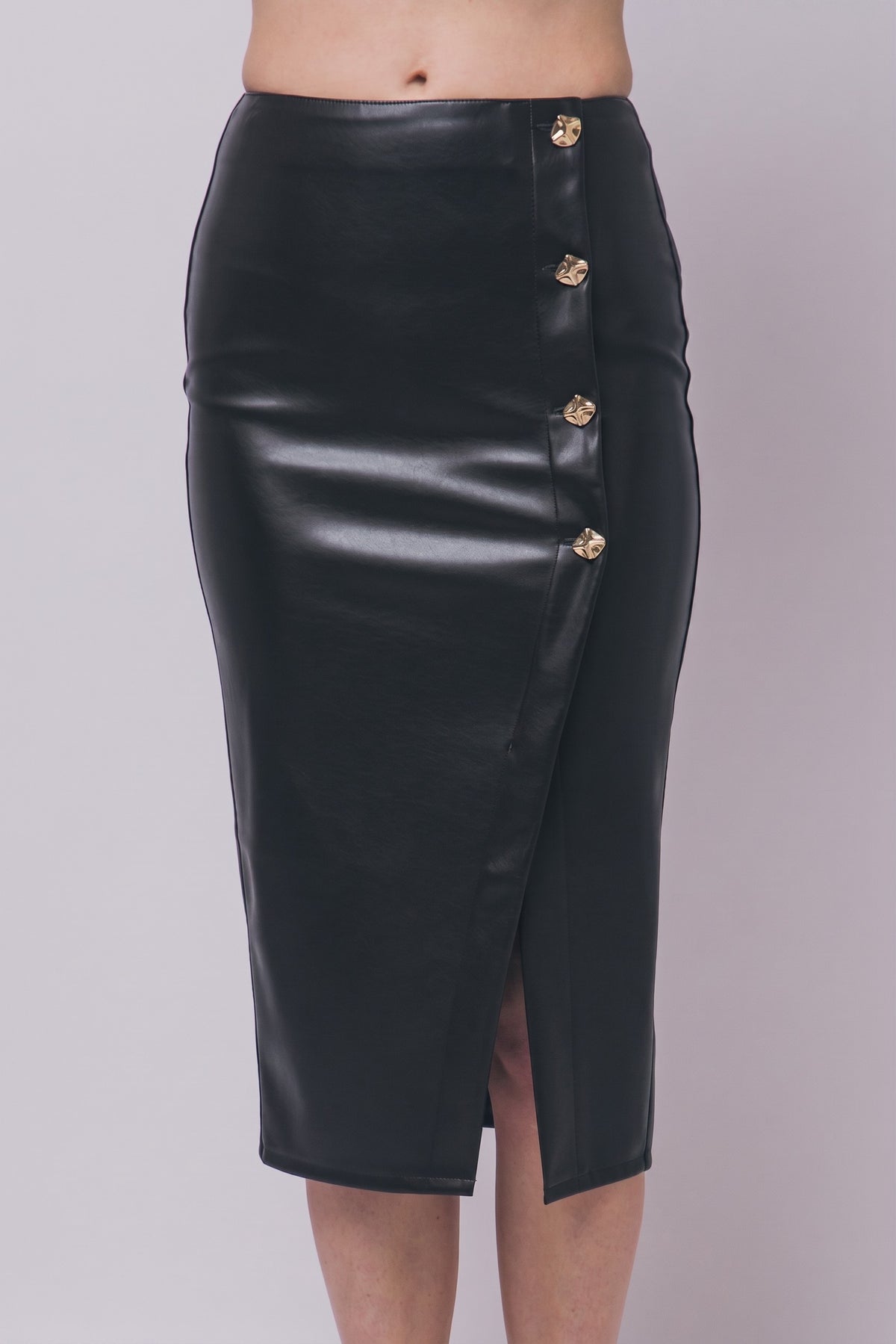 SKT 1097 - Gold Accent Faux Leather Pencil Skirt