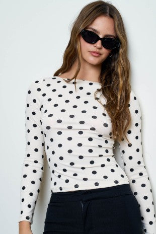 DT 1969 - Boat Neck Long Sleeve Polka Dot Top