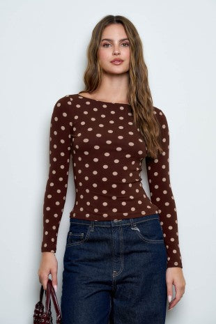 DT 1969 - Boat Neck Long Sleeve Polka Dot Top