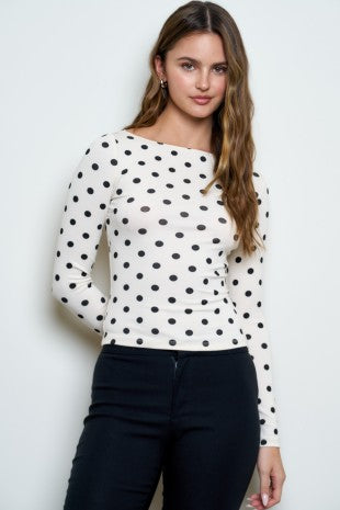 DT 1969 - Boat Neck Long Sleeve Polka Dot Top