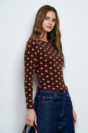 DT 1969 - Boat Neck Long Sleeve Polka Dot Top