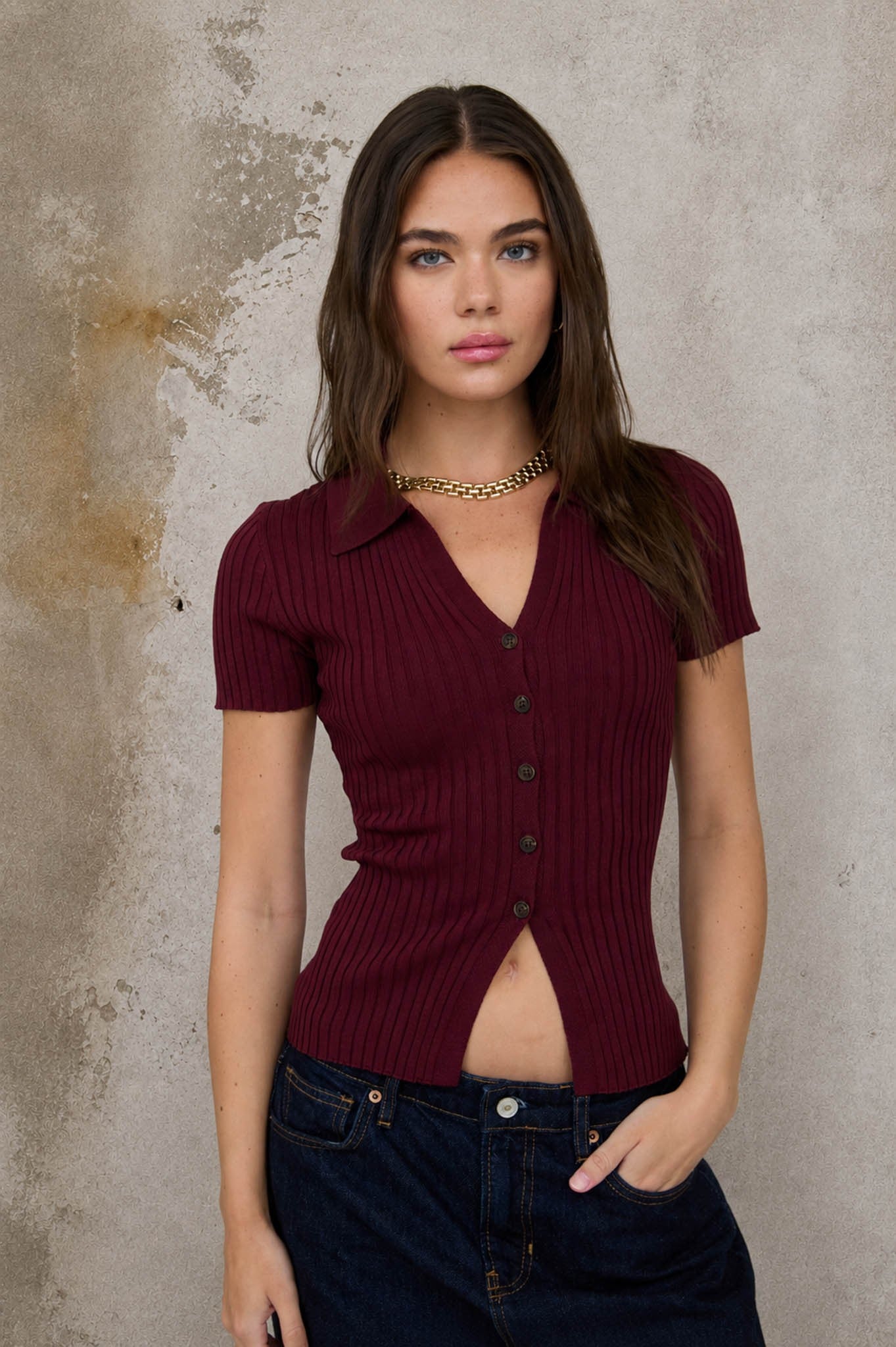 SWT 044 - Short Sleeve Ribbed Sweater Top