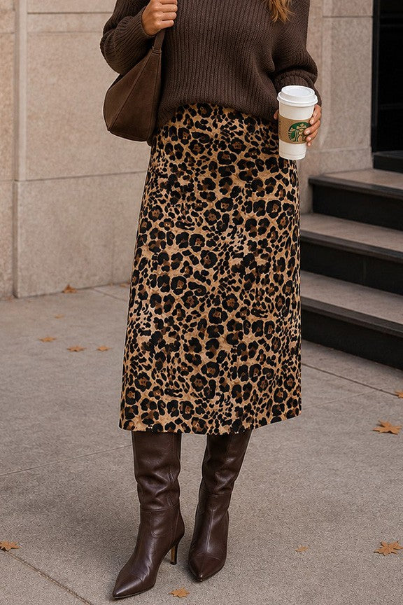 SKT 1077 - Leopard Print Satin Midi Skirt