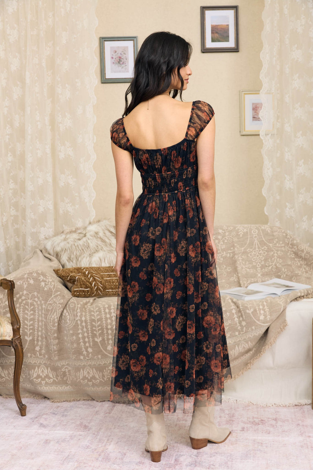DD 1469 - Shirred Waist Front Tie Organza Dress