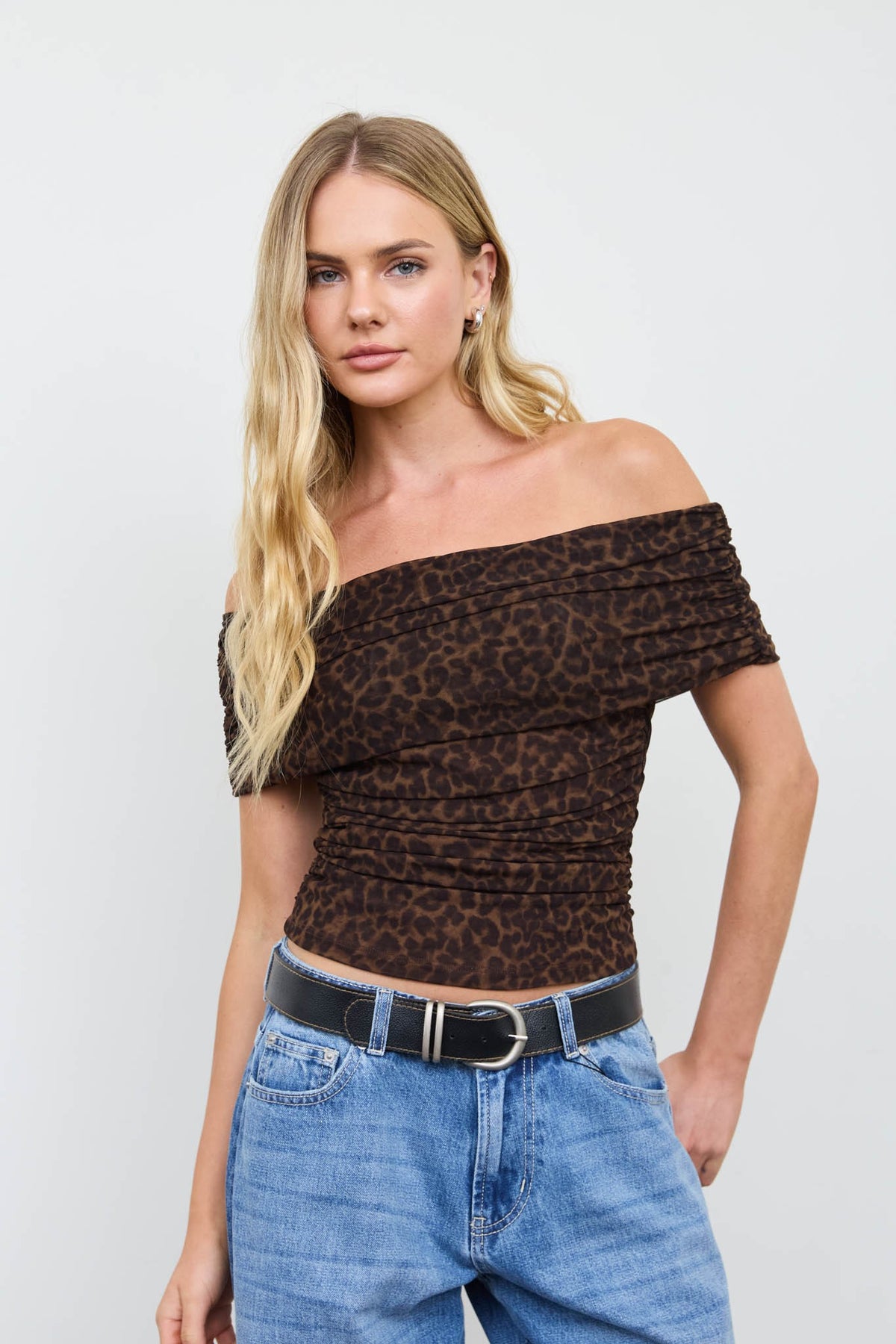 DT 1994 - Ruched Off Shoulder Leopard Print Top