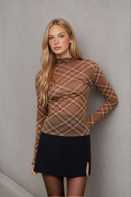 DT 1974 - Mock Neck Long Sleeve Mesh Top
