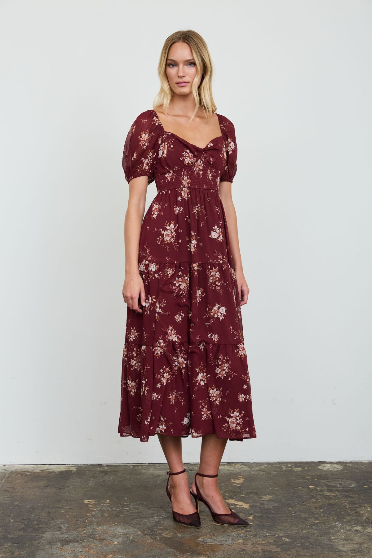 CD 3763 - Smocked Tiered Sweetheart Midi Dress