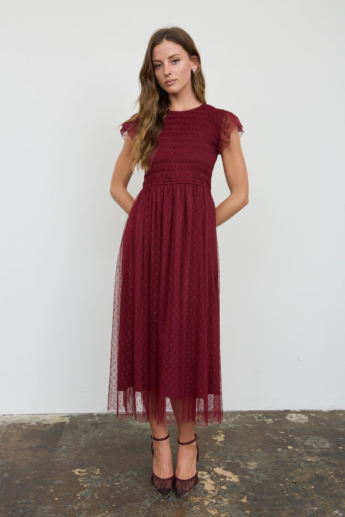 DD 1490 - Chiffon Smocked Polka Dot Dress