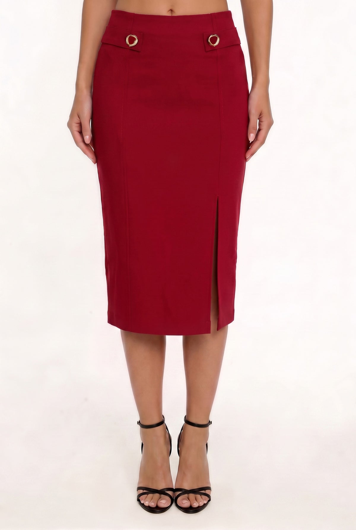 SKT 1093 - Front Slit High Waisted Midi Skirt