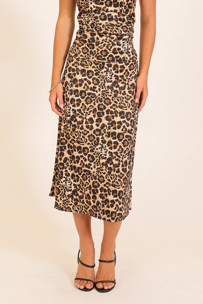 SKT 1077 - Leopard Print Satin Midi Skirt