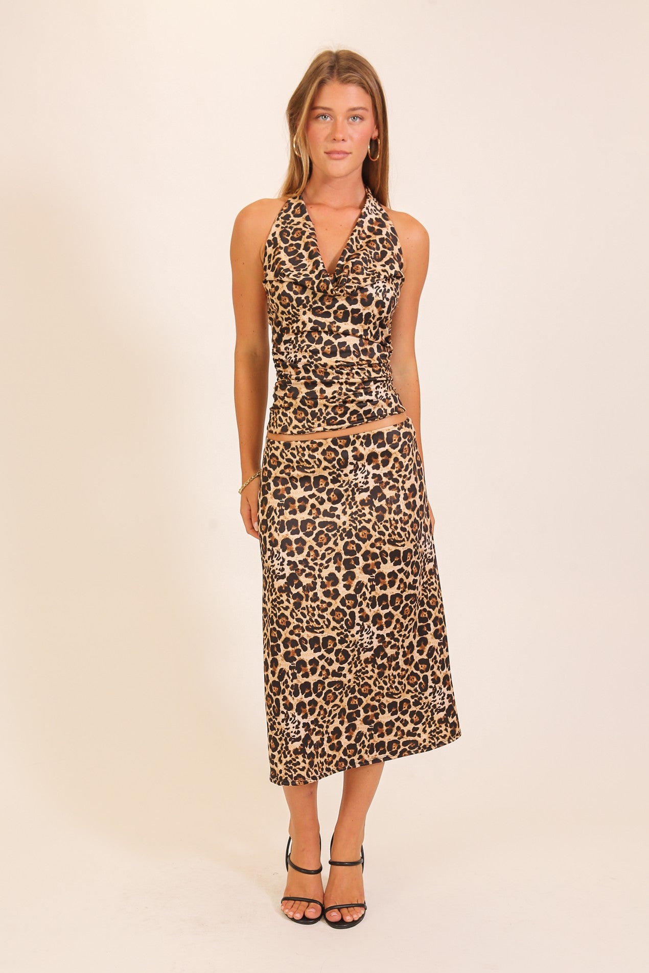 SKT 1077 - Leopard Print Satin Midi Skirt