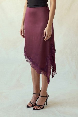 SKT 1087 - Lace Trim High-Low Satin Skirt