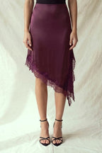 SKT 1087 - Lace Trim High-Low Satin Skirt