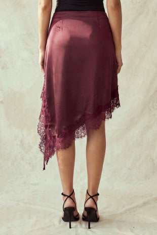 SKT 1087 - Lace Trim High-Low Satin Skirt