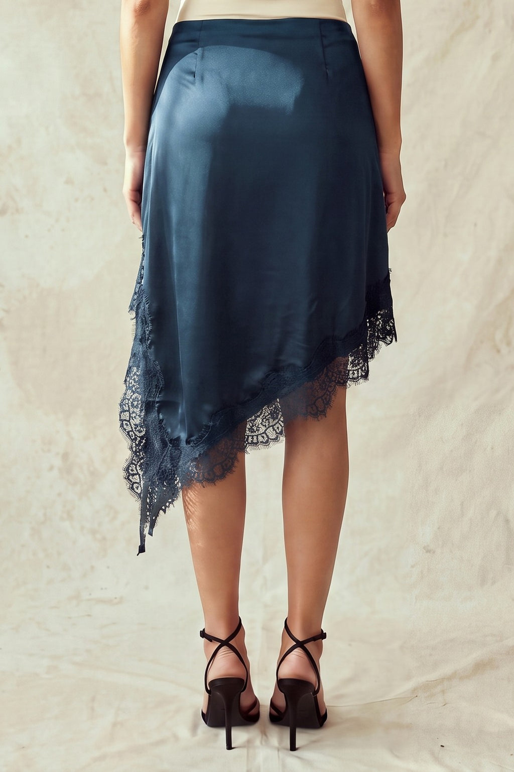 SKT 1087 - Lace Trim High-Low Satin Skirt